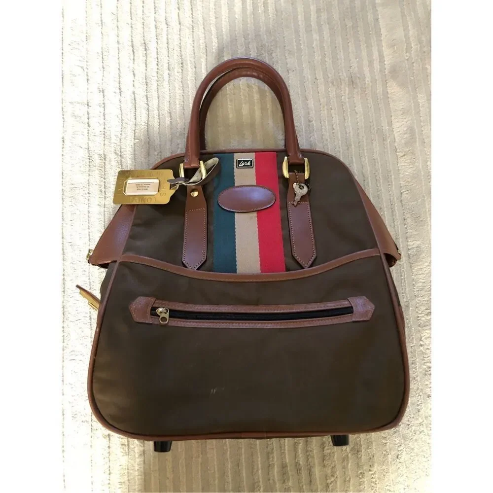 Vintage Lark Canvas Leather Tote Bag Brown Stripe Travel Duffle